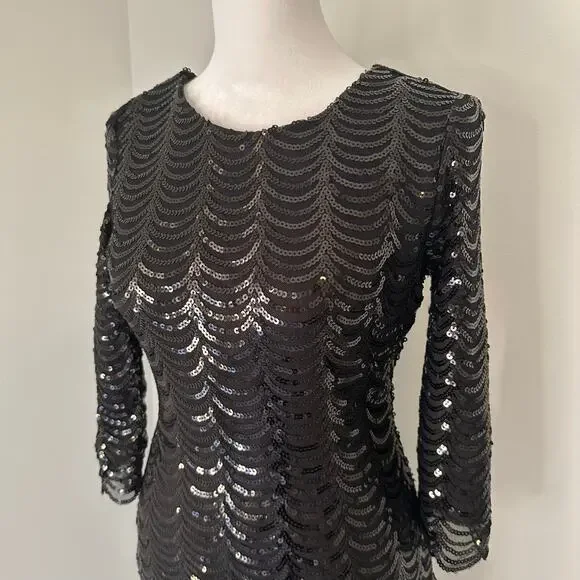 Lulus Stardust black sequin bodycon 3/4 sleeve mini dress size S - Picture 4 of 12